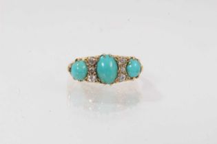 Late Victorian turquoise and diamond ring with three turquoise cabochons and six old cut diamonds in