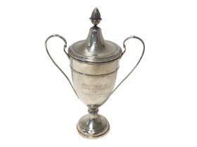 1920s silver two handled trophy cup and cover with engraved presentation inscription