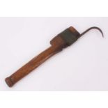 19th century or earlier Fishing Gaff hook with wooden handle and metal strapping securing an iron ho