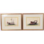 Pair of 19th century Chinese paintings on rice paper depicting junks