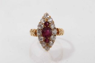 Late Victorian ruby and diamond marquise shape cluster ring