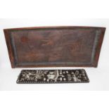 Relief carved wooden Japanese tray, 91cm wide, together with a mother of pearl inlaid Chinese panel