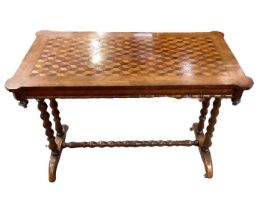 Victorian walnut and parquetry inlaid stretcher table, with tumbling block inlaid top on bobbin turn