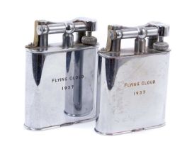 Pair of 1930s Dunhill chromium plated table lighters, engraved ‘Flying Cloud 1937’