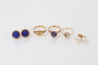 18ct gold signet ring, two gold dress rings and two pairs of earrings