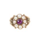 Regency gold mourning ring with a central amethyst surrounded by eight half pearls, the foliate shou