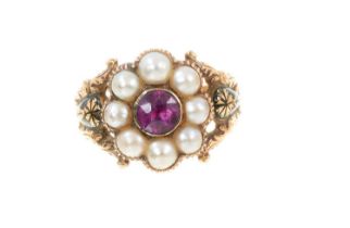 Regency gold mourning ring with a central amethyst surrounded by eight half pearls, the foliate shou