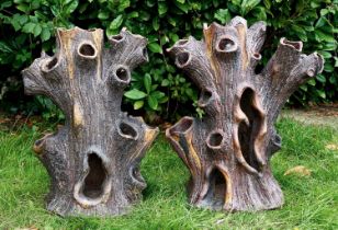 Pair of unusual 19th century salt glazed stoneware planters, naturalistically modelled as tree trunk