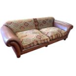 Good quality brown leather and Kilim pattern material sofa