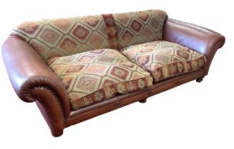 Good quality brown leather and Kilim pattern material sofa