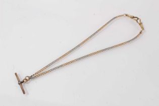 18ct yellow gold and precious white metal curb link watch chain with a 9ct gold T-bar, 38.5cm long