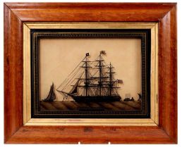 Regency style reverse ship painting on glass, depicting H.M.S. Eastern-Monarch, painted in black wit