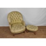 Victorian style button leather tub chair and en-suite footstool, raised on turned oak legs and casto