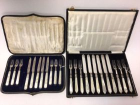 1920s set of six pairs dessert knives and forks, with silver blades and mother of pearl handles