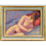 *John Reay (1947-2011) oil on board - Reclining Female Nude, signed, 25cm x 34.5cm, framed