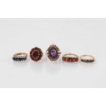 Five gold and gem-set rings to include an 18ct gold sapphire five stone ring 14ct gold sapphire six