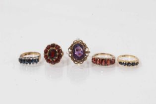 Five gold and gem-set rings to include an 18ct gold sapphire five stone ring 14ct gold sapphire six