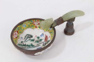 Chinese jade belt hook mounted as a handle on a Canton enamel bowl