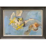 Andrew Haslen (b.1953) oil on canvas, Peregrine and Partridge, signed, 40cm x 60cm, framed