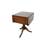 Regency mahogany needlework table, with drop leaf top and two end opposing drawers, the upper drawer