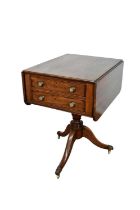 Regency mahogany needlework table, with drop leaf top and two end opposing drawers, the upper drawer