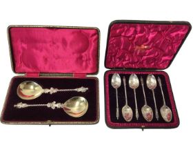 Set of six Victorian silver Apostle spoons with chased foliate decorated bowls in original case .