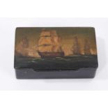 Victorian papier mâché snuff box decorated with Naval battleships