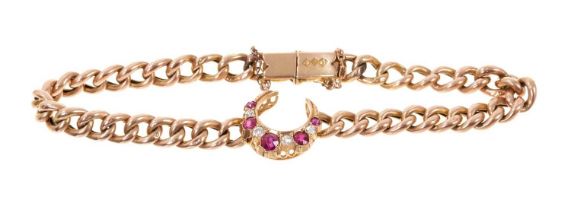 Late Victorian 15ct gold bracelet with a ruby and diamond crescent