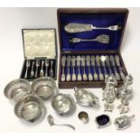 Silver including two sugar sifters, sauceboat, sugar bowl, cruets, cased plated cutlery