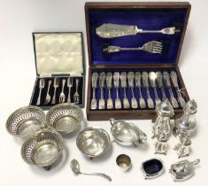 Silver including two sugar sifters, sauceboat, sugar bowl, cruets, cased plated cutlery