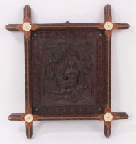 Unusual naive relief carved oak panel with mother, child and calf