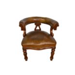 Victorian walnut and button closed mahogany tub chair, with lyre shape splat, raised on fluted balus