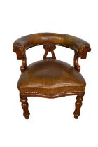 Victorian walnut and button closed mahogany tub chair, with lyre shape splat, raised on fluted balus