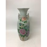 Large Chinese two handled famille vase with chrysanthemum decoration