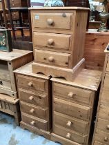 Pair of pine narrow chests of four drawers, 45.5cm wide, 40cm deep, 86cm high, together with a match