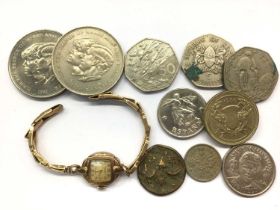 9ct gold Majex wristwatch on 9ct gold bracelet and a group of coins