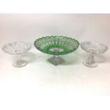 Pair of Victorian cut glass pedestal dishes and a good quality Bohemian green overlaid and cut glass
