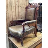 Good quality late Victorian walnut framed armchair with studded green leather seat, back and arms on