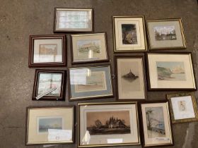 Collection of miniature works on paper by a variety of artists, including signed etching by Rowland