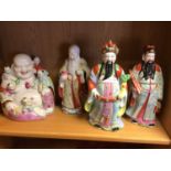 Group of Chinese ceramics and works of art, including a jadeite carving of birds, a smiling buddha,