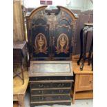 Good quality painted oriental style secretaire bureau bookcase, with two panelled doors above enclos