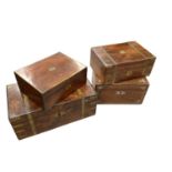 Four 19th century wooden boxes, including a rosewood and mother-of-pearl sewing box, a brass-bound w