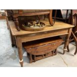 Old pine kitchen table with end drawer on turned legs, 120cm wide, 85.5cm deep, 74.5cm high (drawer