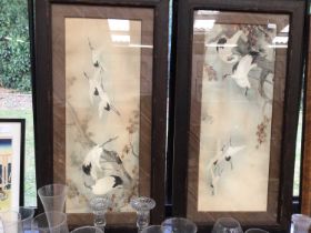 Pair of Japanese Crane paintings in glazed frames, signed