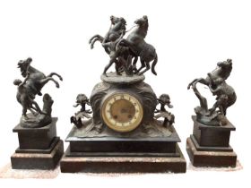 Antique black slate and marble clock garniture with spelter figure and horse surmounts