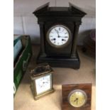 Victorian slate mantel clock, a French brass carriage clock and a desk clock (3)