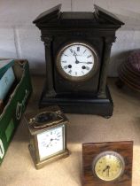 Victorian slate mantel clock, a French brass carriage clock and a desk clock (3)
