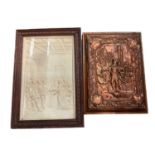 A plaster plaque and copper book mount