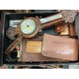 Carved oak aneroid barometer, leather case and sundries - 1 box