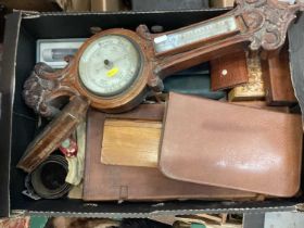 Carved oak aneroid barometer, leather case and sundries - 1 box